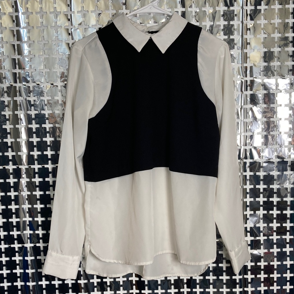 ECI Black & White Layered Collared Button-Down Top